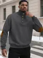 Detailed view of grey textured men's pullover with buttons and elbow patches - S / Tops / Gray