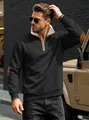Men's retro black half-zip sweatshirt with fleece stand-up collar and elbow patches. - S / Tops / Black