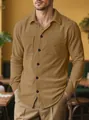 Premium men's heavy corduroy long-sleeved shirt in khaki brown solid color for autumn - Camel