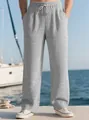 High-waist men's light gray ribbed straight leg casual pants with adjustable drawstring - Light Gray