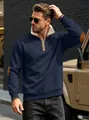 Navy blue men's half-zip sweatshirt with fleece stand collar and vintage elbow patches. - S / Tops / Navy Blue