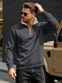 Men's vintage charcoal gray half-zip sweatshirt with stylish contrast elbow patches - Dark Gray