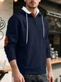 Men's navy blue jacquard hooded sweatshirt with buttoned placket and contrast elbow patches - S / Tops / Navy Blue