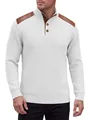Men's white textured jacquard knit sweater with brown shoulder patches and stand collar - S / Tops / White