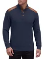 Navy blue men's jacquard knit sweater with brown shoulder patches and stand collar - S / Tops / Navy Blue