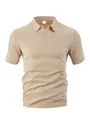 Detailed view of men's textured waffle knit polo shirt in khaki beige color - Khaki