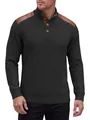 Men's premium black textured knit sweater featuring brown patch shoulders and stand collar - S / Tops / Black