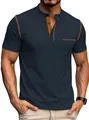T-shirt Henley da uomo a maniche corte blu scuro con cuciture a contrasto e taschino - Taglia S / Top / Blu navy