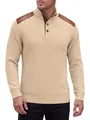 Stylish men's beige cable knit pullover with stand collar and faux leather shoulder patches - S / Tops / Khaki