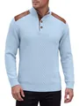 Men's light blue textured knit sweater with stand collar and brown leather shoulder patches - Light Blue