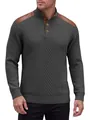 Men's grey cable-knit sweater featuring brown leather shoulder patches and buttoned collar. - Deep Heather Grey