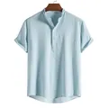 Camicia da uomo a maniche corte a righe azzurro con elegante scollo Henley casual - Taglia S / Top / Celeste