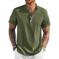 Camicia da uomo slim fit verde oliva a maniche corte con colletto alla coreana - Verde
