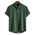 Close-up detail of men's dark green vertical striped shirt with stand collar and buttons. - Dark Green