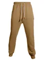 Comfortable men's khaki drawstring joggers featuring American style leather patch detail - Caramel color