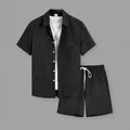 Conjunto playero de dos piezas para hombre con camisa de manga corta y pantalón corto texturizado. - S / Top y Pantalones / Negro