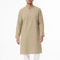 Elegante túnica étnica de algodón para hombre con manga larga y cuello mao en color caqui - S / Tops / Caqui