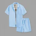 Conjunto playero para hombre con camisa de manga corta y pantalones cortos azul - S / Top y Pantalones / Azul