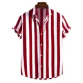 Detalle de una camisa de manga corta a rayas verticales rojas y blancas para hombre - S / Tops / Rojo