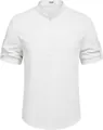 Camicia henley bianca premium da uomo con collo alla coreana e maniche arrotolate versatili - Taglia S / Top / Bianco