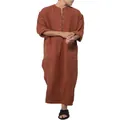 Túnica larga de hombre color terracota efecto lino, caftán con cuello de botones - S / Tops / Tostado