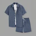 Conjunto casual de verano para hombre con camisa de manga corta y pantalones cortos azules - S / Top y Pantalones / Azul marino