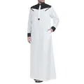 Close-up detail of men's long-sleeve ethnic robe featuring black contrast collar and cuffs. - S / Tops / Navy Blue