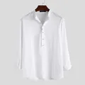 Détail d'une chemise Henley en coton et lin blanc au design minimaliste. - S / Hauts / Blanc