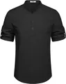 Camicia nera da uomo con collo alla coreana, vestibilità slim e maniche corte - Taglia S / Top / Nero