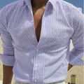 Camisa de hombre de manga larga con rayas moradas y blancas en tejido seersucker - S / Tops / Violeta Claro