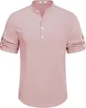 Camicia henley da uomo rosa a maniche corte con colletto alla coreana e trama lino. - Rosa