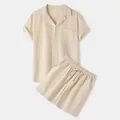 Men's summer cotton two-piece set with short sleeve lapel shirt and drawstring shorts - S / Top And Bottom / Khaki