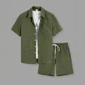 Conjunto de playa de verano para hombre verde oliva con camisa texturizada y shorts - S / Top y Pantalones / Verde