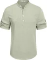 Camicia Henley casual da uomo verde salvia con colletto alla coreana in lino - Verde chiaro