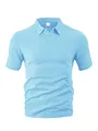 Detail view of light blue waffle jacquard texture on men's short sleeve polo shirt - Light Blue
