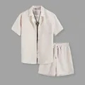 Men's summer casual 2-piece beach set with textured beige shirt and shorts - Apricot