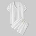 High quality view of the breathable white cotton fabric on men's summer two-piece outfit - S / Top And Bottom / White