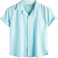 Primer plano de camisa de hombre de rayas azul claro en seersucker con cuello cubano - M / Tops / Verde claro