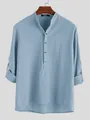 Chemise décontractée en coton et lin bleu clair avec col officier et manches - S / Hauts / Bleu clair