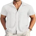 Vista detallada de camisa blanca de manga corta para hombre con textura de pliegues - M / Tops / Blanco