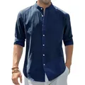 Elegante camisa de hombre en algodón y lino azul marino con cuello alto y manga larga - S / Tops / Azul marino