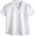 Detalle de camisa de hombre de seersucker a rayas blancas con cuello cubano fresco - M / Tops / Blanco