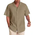 Men's casual khaki cotton short-sleeved shirt with a Cuban collar for beach vacation - Khaki