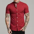 Detailed view of a slim fit burgundy men's shirt featuring a modern mandarin collar design - Red