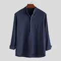 Chemise Henley décontractée à manches longues en lin et coton bleu marine pour homme - S / Hauts / Bleu Marine