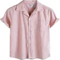 Vista detallada de camisa de verano para hombre a rayas rojas con cuello cubano - M / Tops / Rojo