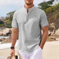 Close-up of men's casual henley shirt with stand collar and unique pineapple grid texture - Light Gray