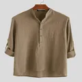 Chemise décontractée pour homme en coton et lin kaki avec col montant et manches - S / Hauts / Marron