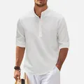Camicia casual bianca da uomo con collo alla coreana, trama a nido d'ape e maniche regolabili - Taglia S / Bianco