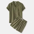 Men's olive green cotton set showing texture of short-sleeve shirt and drawstring shorts - Army Green